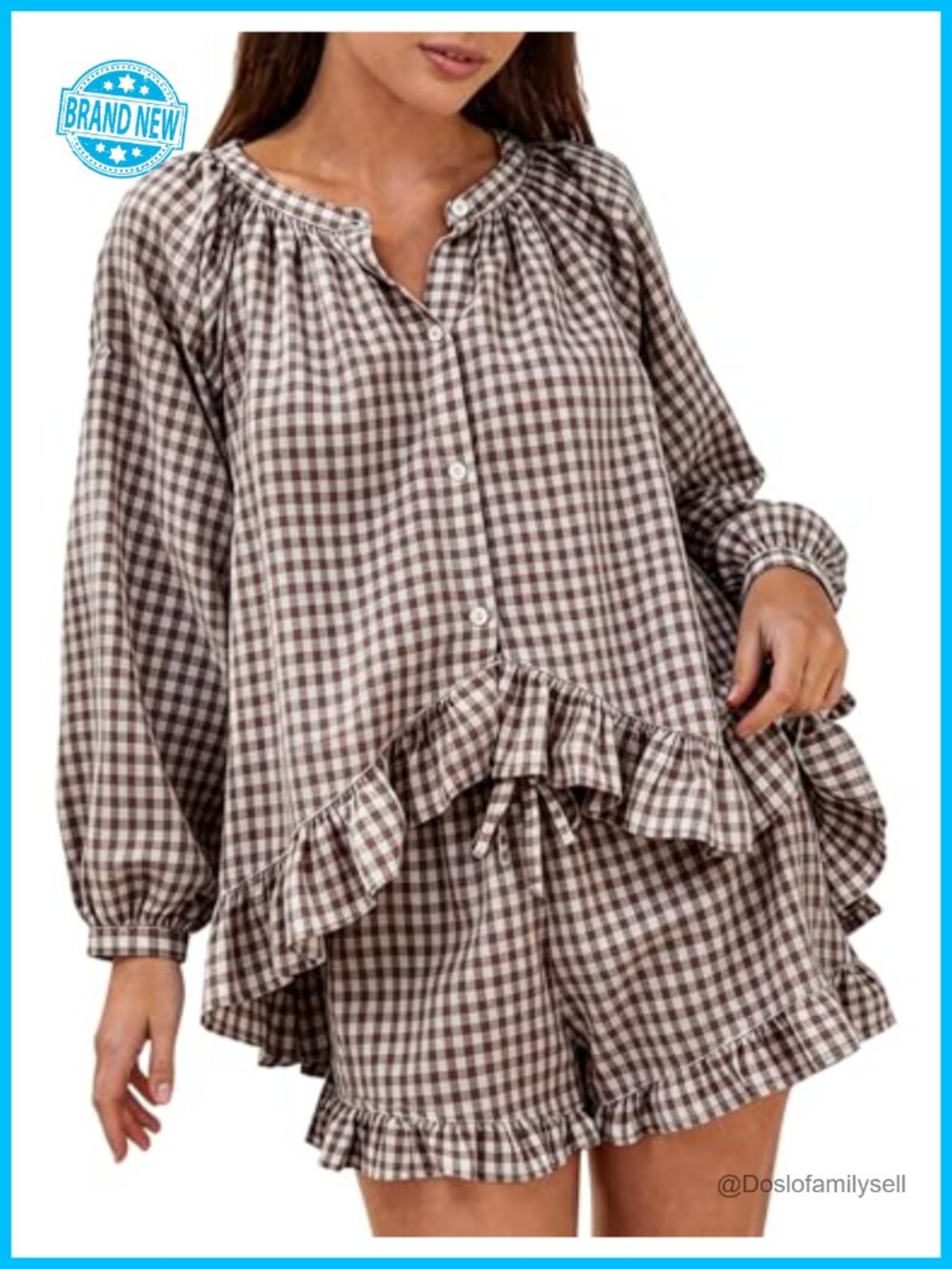 Womens Gingham Pajama Set 2 Piece 100% Cotton Ruffle Lounge Set